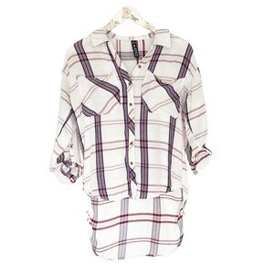 Design Lab Women’s Button Down Plaid Flannel Shirt high low white navy XS